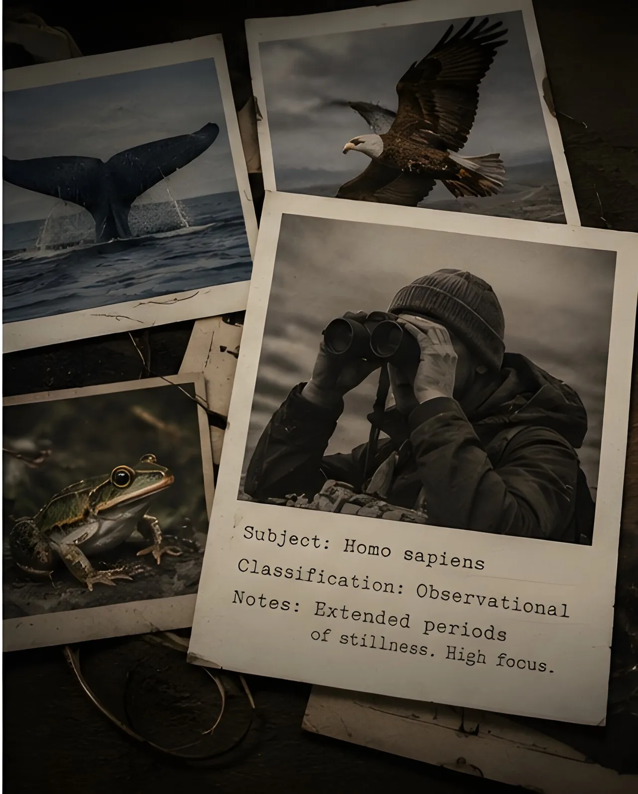 Archival photographs of a whale's tail, an eagle and a frog. A central print shows a person looking through binoculars, labelled "Subject: Homo sapiens. Classification: Observational."