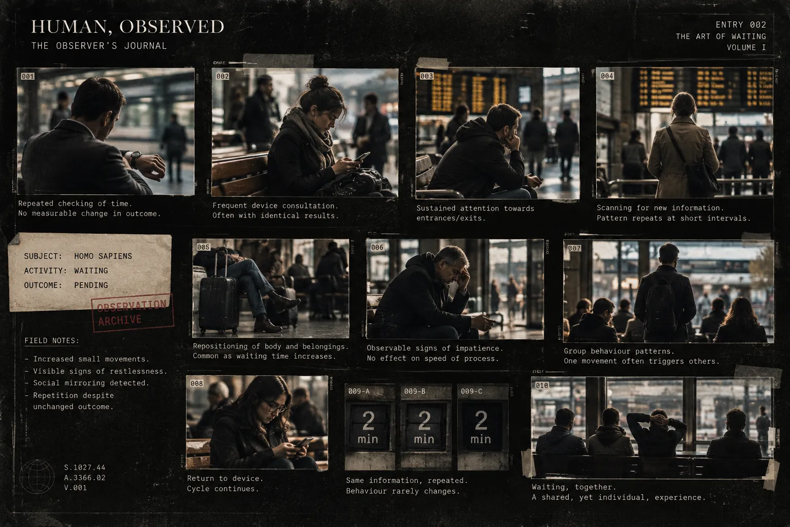 Archival contact sheet of numbered photographs of people waiting at a station, each with a short behavioural caption, beside a typed card reading "Subject: Homo sapiens. Activity: Waiting. Outcome: Pending."