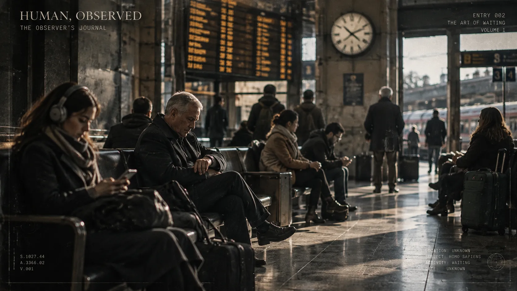 Documentary photograph of a railway station waiting hall: people on benches check phones and watches beneath a departures board and a large station clock.