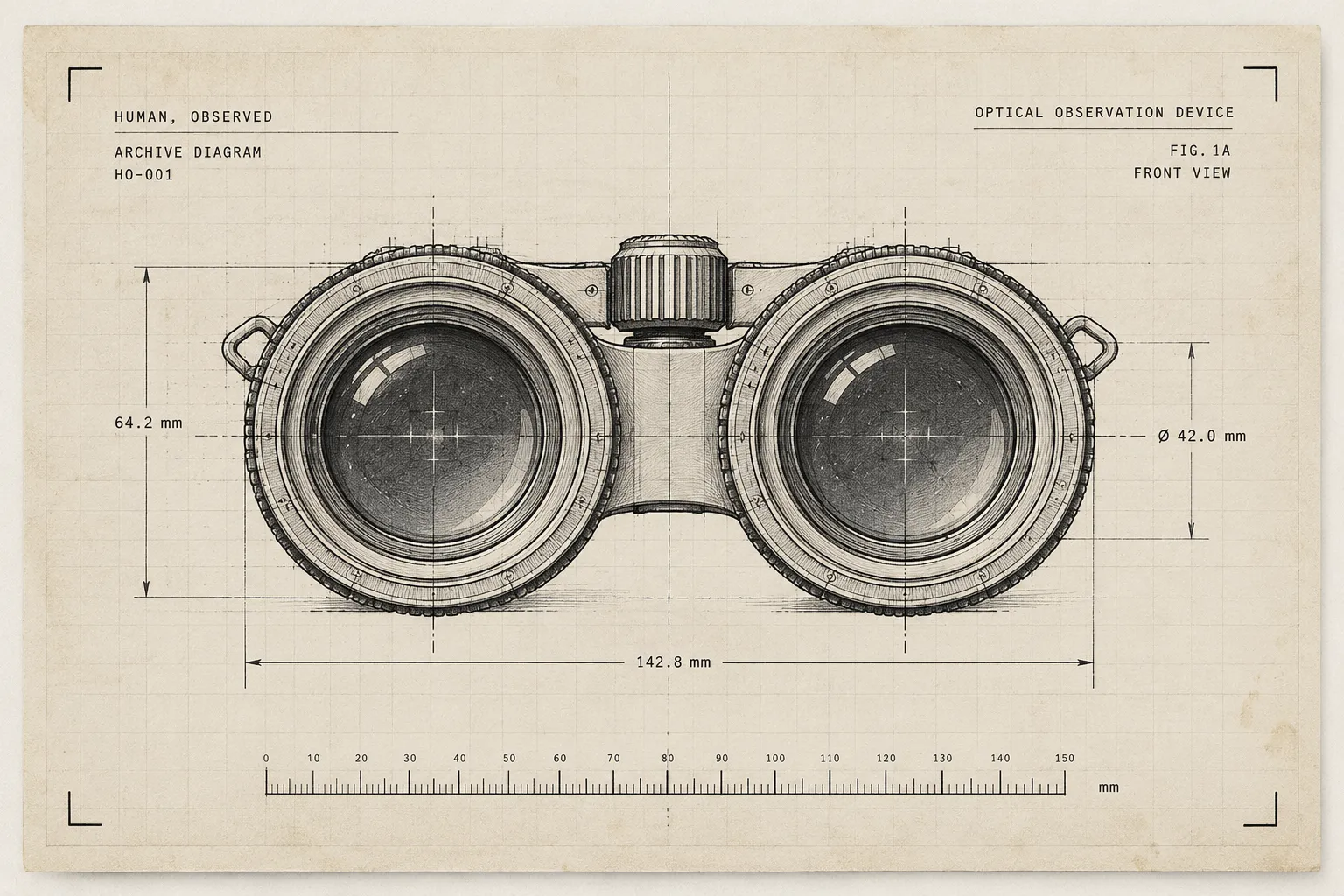 Vintage technical drawing of a pair of binoculars seen from the front, with dimension lines and a millimetre scale on graph paper.
