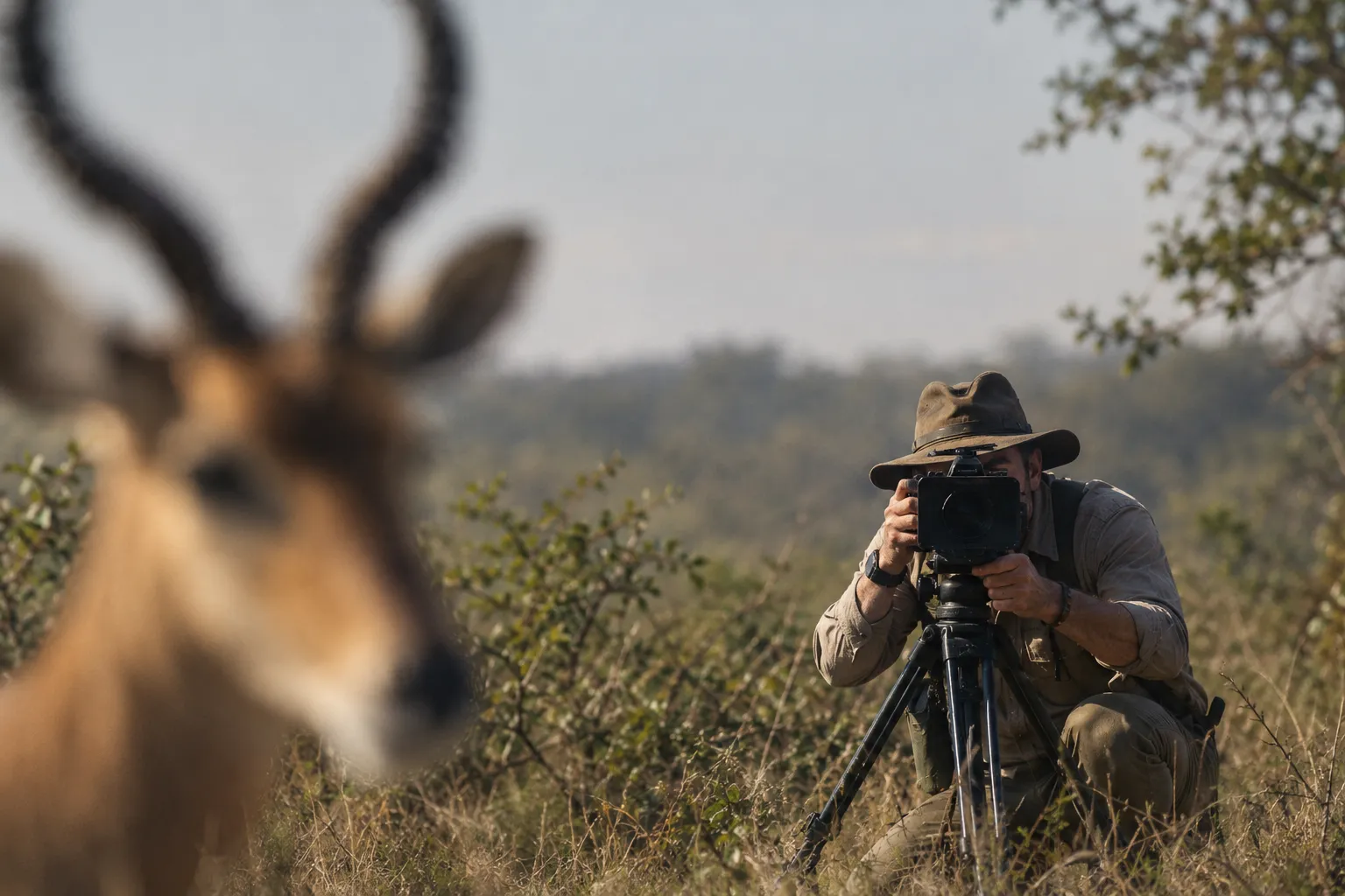 A wildlife cameraman crouched behind a tripod-mounted camera in the savanna; an antelope stands softly out of focus in the foreground.