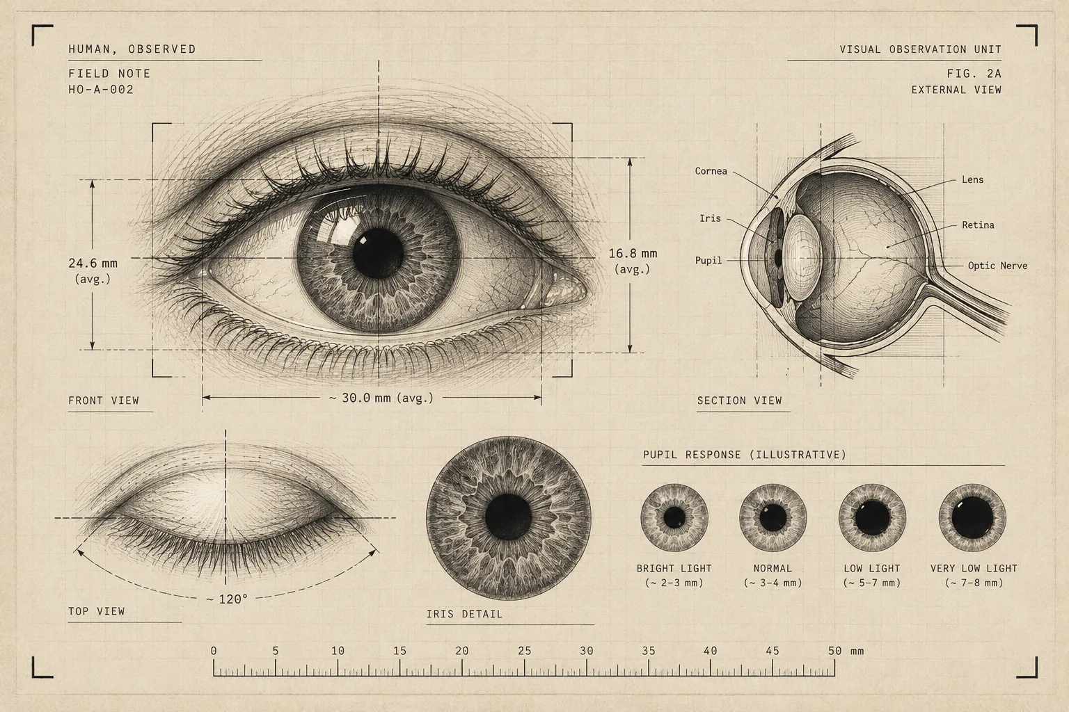 Vintage technical drawing of a human eye: front view with measurements, cross-section, closed-eye view, iris detail and pupil sizes in different light.